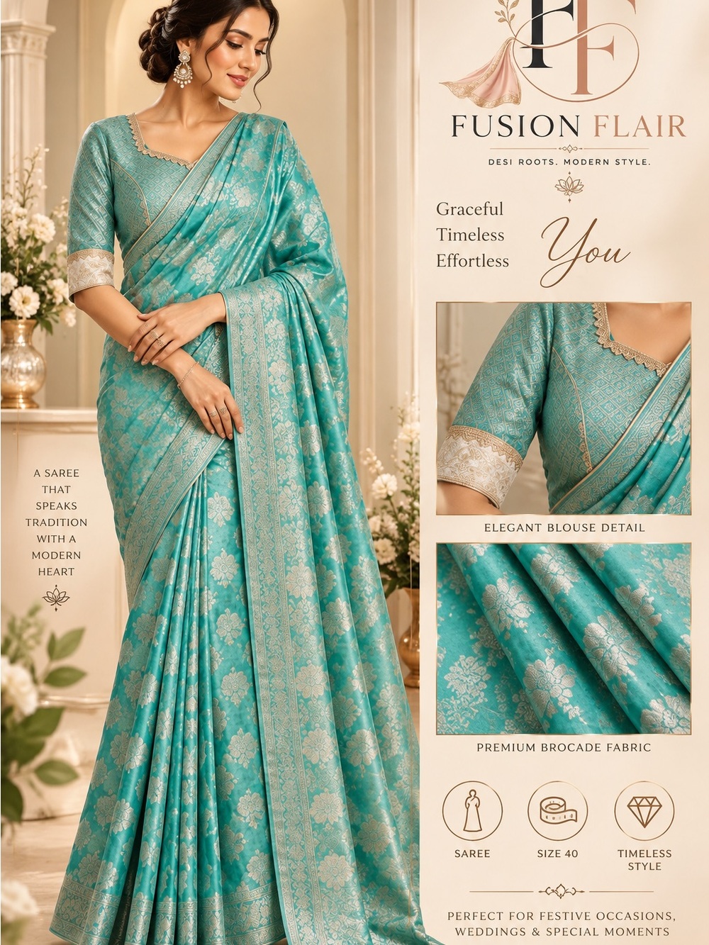 Fusion Flair Teal Saree with Light Gold Motif